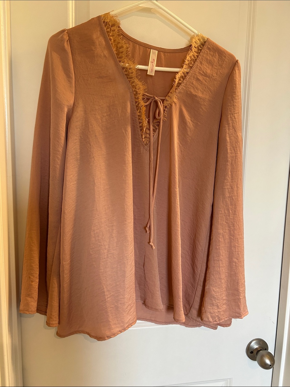 My Story Lace-Trim Tie-Neck Blouse - Dusty Rose